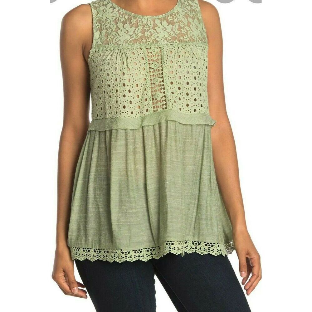 Forgotten Grace women's Crochet Lace Sleeveless Top Blouse Green Size S